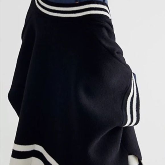 Free People Pep Rally Stripe Poncho Sweater Jacket Snaps Cobalt Black White - Picture 6 of 6